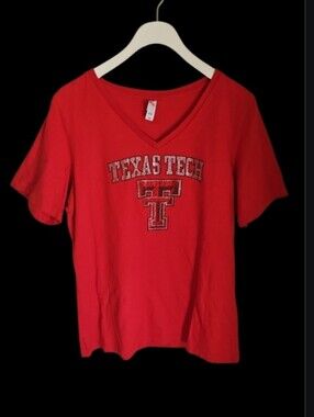 Texas Tech‎ Red V-Neck Short Sleeve Tee with Rhinestone Bling Logo 100% Cotton
